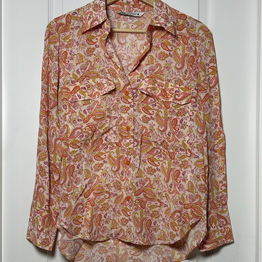 Zara Blush Paisley Print Patch Pocket Button Up Shirt 70s Boho Tomato Girl Style